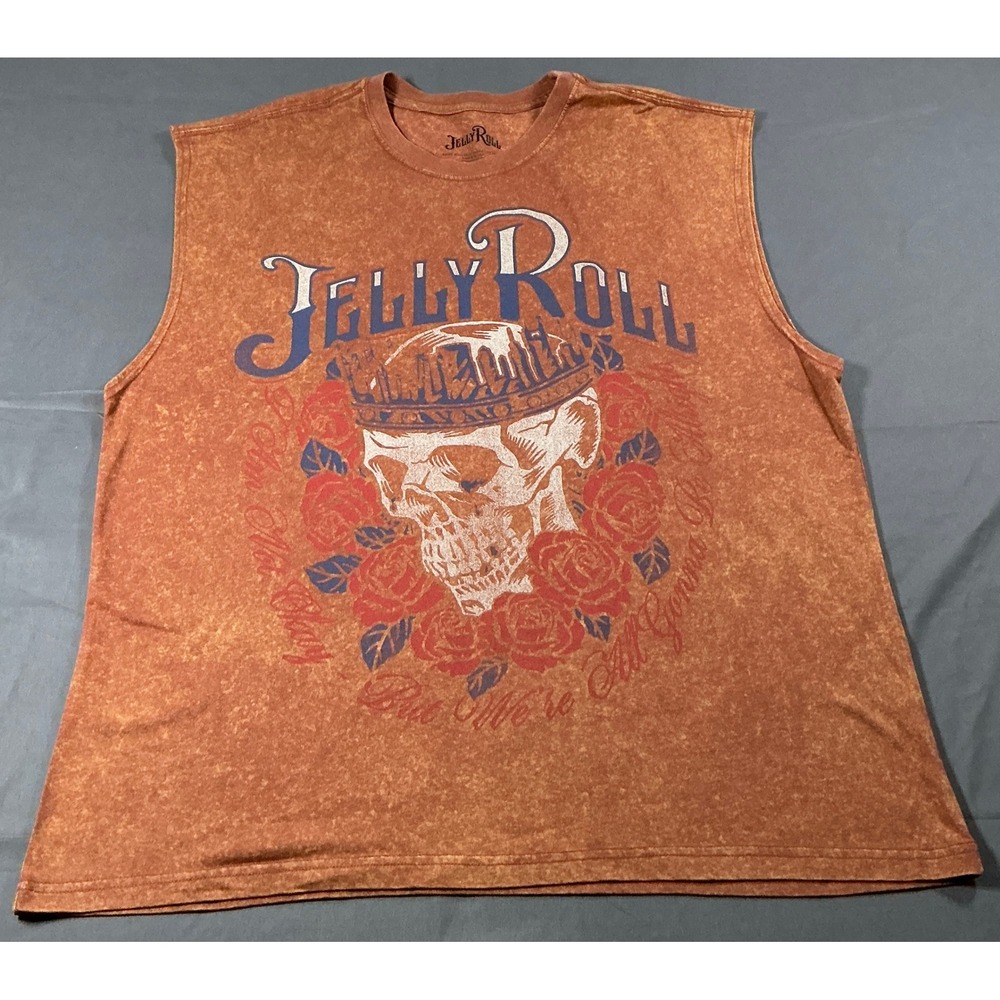 Jelly Roll Heart of Stone Muscle Tee Mens L Rust Acid Wash Skull Roses Tank Top